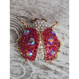 Rhinestone Ladybug Brooch Red Crystal Aurora Borealis Gold Tone Pin #186